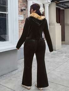 SHEIN EZwear Plus Size Casual Hooded Sweatshirt And Pants Two Pieces Set, Autumn,Fall /Autumn/Winter,Christmas,New Year,Thanksgiving,Party,Wedding,Beach,Elegant,Casual,Going Out,Date,Appointment,Commute