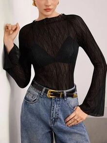 Heiryn Women's Zebra Print Mesh Round Neck Flare Sleeve Fitted Sexy Fashion T-Shirt - Black - View 1