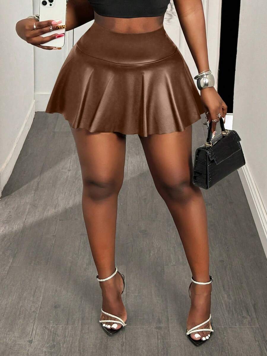 BamGleam Women's Solid Color High Waist PU Leather Ruffle Skorts - Brown - View 1