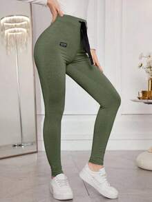 Modelyn 纯色抽绳紧身弹力打底裤收腹打底裤女式打底裤高腰打底裤女式运动打底裤 - 軍綠色 - 查看 4