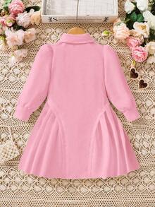 Abito camicia casual con maniche a sbuffo e orlo plissettato per ragazze giovani - Rosa - Visualizzare 2
