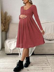 SHEIN Vestido de manga larga con cuello de canalé, botones delanteros y unicolor, para embarazadas, primavera/otoño - Naranja - Ver 8