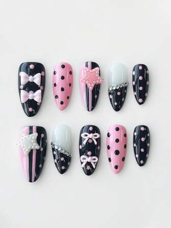 Anime 10 piezas de almohadillas de uñas falsas hechas a mano de alta calidad con estilo lindo de rayas, lunares y elementos estrellados + 3 piezas de cinta adhesiva de doble cara, arte de uñas con lazos en contraste rosa y negro de estilo Y2K, uñas postizas de almendra removibles de mediana y larga duración, almohadillas de uñas falsas brillantes y reutilizables de alta calidad aptas para fiestas, bailes y uso diario.
