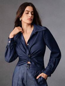 Anewsta 复古优雅办公室/通勤扭结短领长袖牛仔效果衬衫 - 藏蓝色 - 查看 5