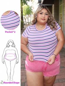 Enliva Damen Große Größen gestreiftes Strick Rundhals Kurzarm T-Shirt, Sommer Urlaub