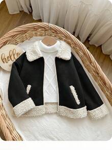 SHEIN 年轻女孩可爱绒面革拼布保暖内衬夹克，适合秋冬穿着 - 黑色 - 查看 2
