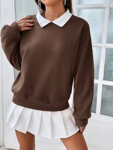 SHEIN EZwear 女士休闲拼色圆领落肩套头衫，咖啡棕色，适合返校、毕业、女教师、秋冬季 - 咖啡棕 - 查看 4