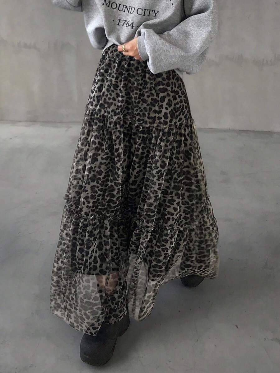 FRIFUL 女士弹力腰带透视豹纹褶裥下摆休闲百搭半身裙,秋季 - 彩色 - 查看 1
