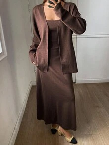 DAZY Conjunto de 2 piezas de vestido sin mangas elegante y cárdigan de mujer, otoño - Café integral - Ver 3