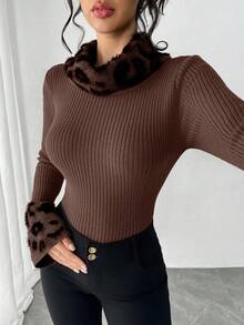 Elenzga 秋冬百搭欧美风棕色豹纹仿皮草提花高领修身厚毛衣套头衫，适合户外、餐饮和街头穿着 - 咖啡棕 - 查看 6