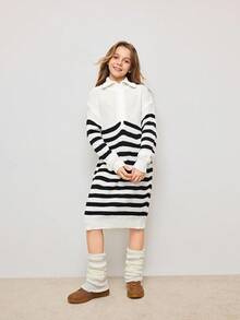 Vestidos de suéter para meninas adolescentes, casuais, soltos e de manga comprida, com listras coloridas