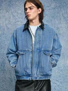 ROMWE MEN Casual Áo khoác denim thường ngày màu tương phản mùa thu cho nam, cổ bẻ, vai trễ, tay dài, khóa kéo phía trước - màu đen - Xem 4