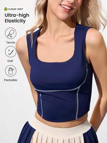 SHEIN Sports Square Neck Stitching Tight Fit Women Sports Bra - Navy Blue - View 1