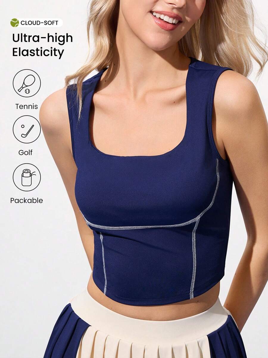 SHEIN Sports Square Neck Stitching Tight Fit Women Sports Bra - Navy Blue - View 1