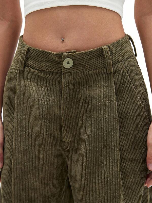 Aveloria Affinna Calça feminina vintage casual de perna reta, verde oliva, design de veludo cotelê, emagrecedora, nova chegada da primavera