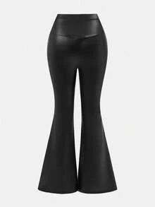 SHEIN Teen Girls Black Knit Flare Pants, Fashionable Casual Everyday Wear - Black - View 2