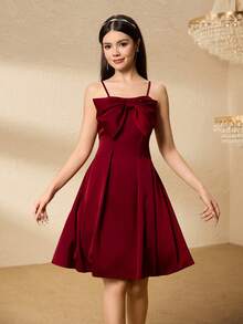Teen Girl Bow Decor Pleated Design Elegant Camisole Dress - Burgundy - View 1