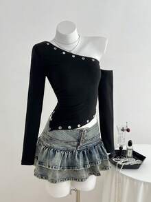 Elamini Áo thun dài tay bất đối xứng màu trơn thời trang dành cho nữ, mùa thu - màu đen - Xem 1