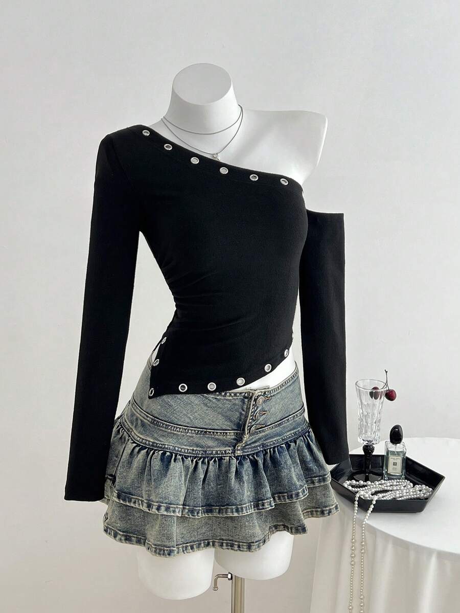 Elamini Áo thun dài tay bất đối xứng màu trơn thời trang dành cho nữ, mùa thu - màu đen - Xem 1