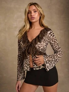 SHEIN Glamour Cárdigan de manga larga con estampado de leopardo, encaje y lazo delantero, estilo vintage, adecuado para salidas casuales y citas, otoño/invierno - Multicolor - Ver 7