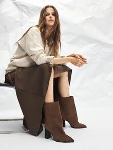 Mnmlis Women's Retro Western Style Khaki Suede Zipper Tall Boots - Brown - View 4