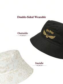 HARRY POTTER X SHEIN 双面时尚黑色渔夫帽，金色飞贼刺绣，优雅百搭，适合日常佩戴和防晒