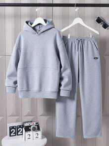 SHEIN Teenager Boys'Casual Streetwear Hoodie And Sweatpants Set,Autumn Back-To-School Graduation 2 Piece Solid Embroidery Tracksuit Jogging Clothes - Light Grey - View 2