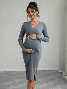 SHEIN Maternity V-Neck Slit Hem Fitted Knit Dress, Suitable For Daily Commute - Grey - View 6