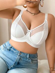 NudeFit Sujetador inalámbrico con encaje de contraste y lazo decorativo para mujer de talla grande, que levanta - Blanco - Ver 5