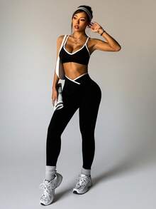 Dewbera Women's Contrast Trim Elastic Criss-Cross Back Sports Bra And Leggings Yoga Workout Set Active Two Piece Set Activewear Set Workout Legging Two Piece Set Seamless Workout Set Bra And Leggings Set Curve Activewear Set Gym Two Piece Set Yoga Two Piece Set Sporty Two Piece Set - Black - View 4