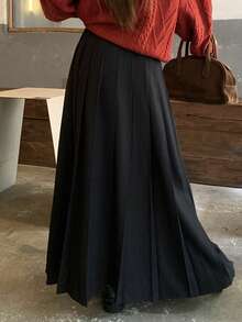 FRIFUL Chân váy xếp ly màu trơn dáng dài ngang gối dành cho nữ, kiểu dáng thường ngày. - màu đen - Xem 7