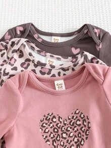 Cozy Pixies 3pcs Baby Girl Valentine's Day Leopard Print Heart Pattern Knitted Soft Crew Neck Long Sleeve Bodysuit Set - Multicolor - View 4