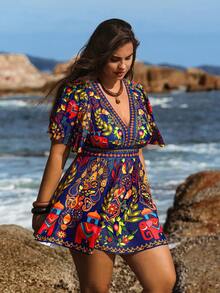 Swim Lushoire 大码女式两件套印花时尚度假休闲端庄高腰三角荷叶边下摆比基尼泳装 - 彩色 - 查看 3