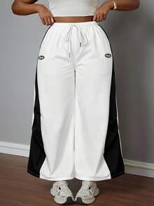 SHEIN PETITE CURVE Plus Size Women's Summer Concert Streetwear Going Out Color-Blocked Parachute Pants