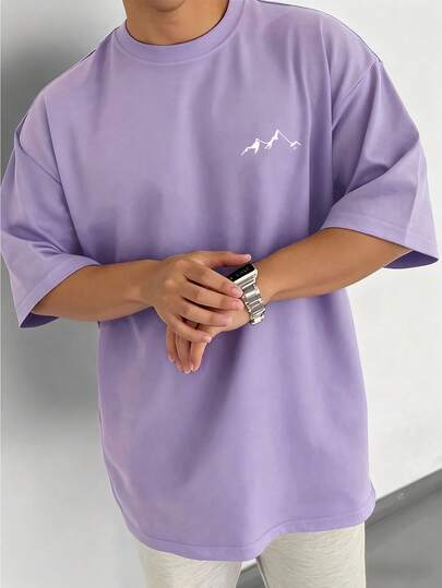 Manfinity Homme Plus Size Men's Casual Mountain Print T-Shirt, Summer Purple Street Wear