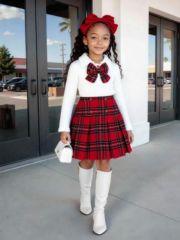 2pcs/Set Girls Toddler European & American Style Bow Decor Polo Collar Long Sleeve T-Shirt + Plaid Skirt, Spring/Autumn