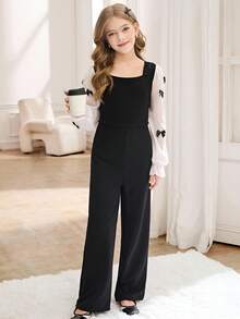 Conjunto de Blusa de Manga Longa com Gola Quadrada Colorblock Elegante de Ajuste Folgado e Cintura Alta e Calça Perna Larga, Estilo Sofisticado de Senhora, Primavera/Outono - Preto e Branco - Visão 4