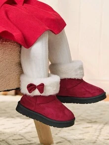 Cozy Pixies 女童時尚酒紅色毛絨保暖休閒雪地靴，舒適適合日常穿著、運動，秋冬適用，蝴蝶結裝飾，聖誕與節日款 - 酒紅色 - 查看 4
