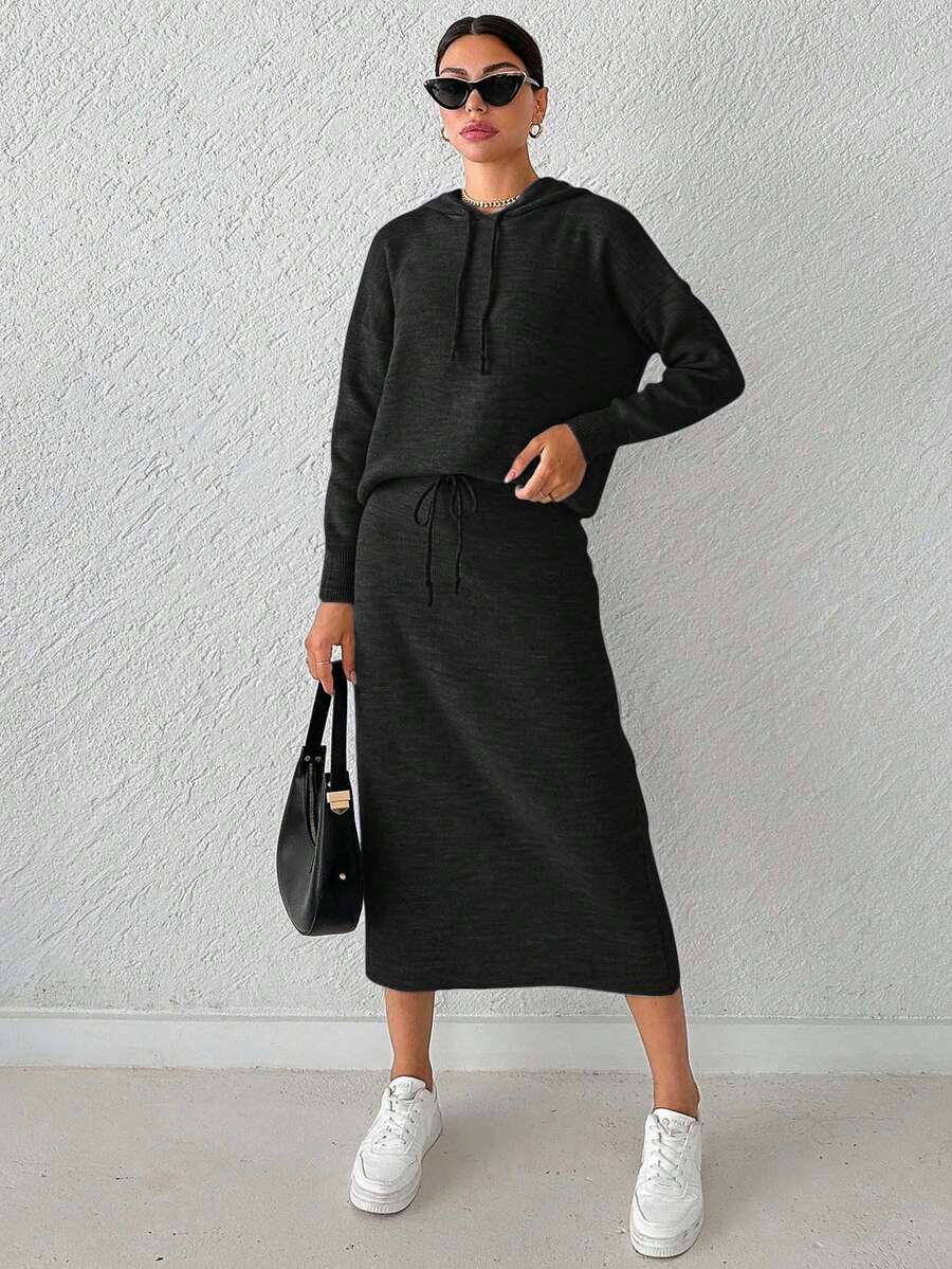 Cloudara Women's Solid Color Drawstring Hooded Drop Shoulder Sweater And Skirt Set - Grey - View 1