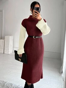 EURMUSE 女式休闲拼色高领针织连衣裙，秋冬 - 紅色 - 查看 6