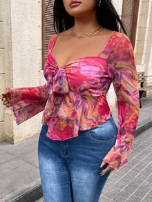 Hourglow Ceceforeign_ Plus Size Women's Fall Vacation/Back To School Clothes, Tie-Dye Floral Print Babydoll Blouse With Bow Tie Neck Long Sleeve Shirt, For Hourglass Body Shape