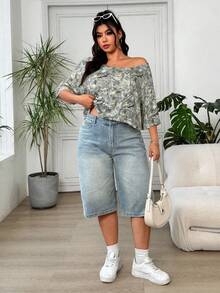 SHEIN EZwear 植物印花休闲宽松大码女式蝙蝠袖T恤 - 彩色 - 查看 5