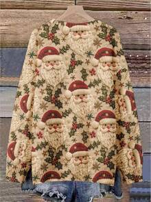 EMERY ROSE Women's Christmas Knitted Sweater With 3D Santa Print - Plus Size Holiday Santa Top For Everyday Wear