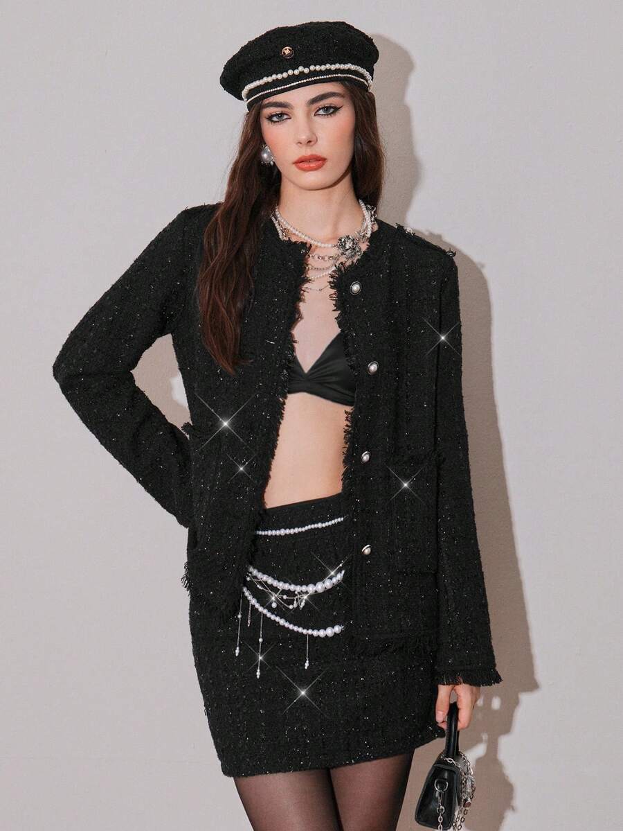 Modelyn Women's Elegant 2 Pieces Set: Long Sleeve Shiny Jacket With Fringe Trim And A-Line Skirt, Autumn/Winter - Black - View 1