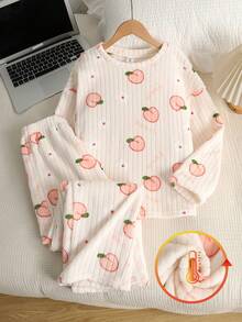 SHEIN 青少年女孩宽松休闲简约舒适桃色图案圆领套头衫和裤子羊毛厚睡衣套装 - 彩色 - 查看 6