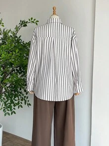 SHEIN LUNE 大码女装秋冬条纹长袖翻领衬衫女上衣日常通勤口袋设计衬衫老款风格衬衫 - 彩色 - 查看 2