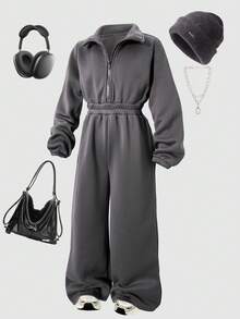 SHEIN 青少年女孩休闲简约保暖内衬户外立领长袖连体裤，秋冬 - 深灰色 - 查看 4