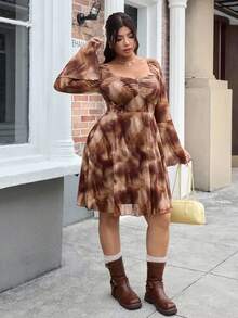 SHEIN EZwear 大码抽象扎染印花喇叭袖迷你连衣裙 - 彩色 - 查看 5
