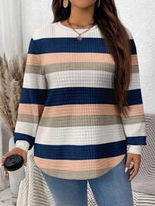 EMERY ROSE Plus Size Women Casual Colorful Striped Print Loose Fit Crew Neck Long Sleeve Sweatshirt, Waffle Texture, Suitable For Autumn/Winter Women Long Sleeve Tops Pullover For Women Stripe Long Sleeve Top - Multicolor - View 7