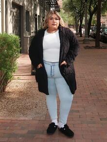 Enliva Melanieangelese Plus Size Coat With Barley Texture Jacquard Thermal, For Winter, For Apple Rounded Body Shape - Black - View 3